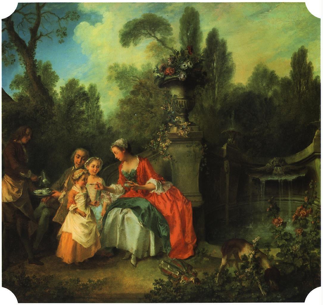 Дама и кавалер с двумя девочками в саду